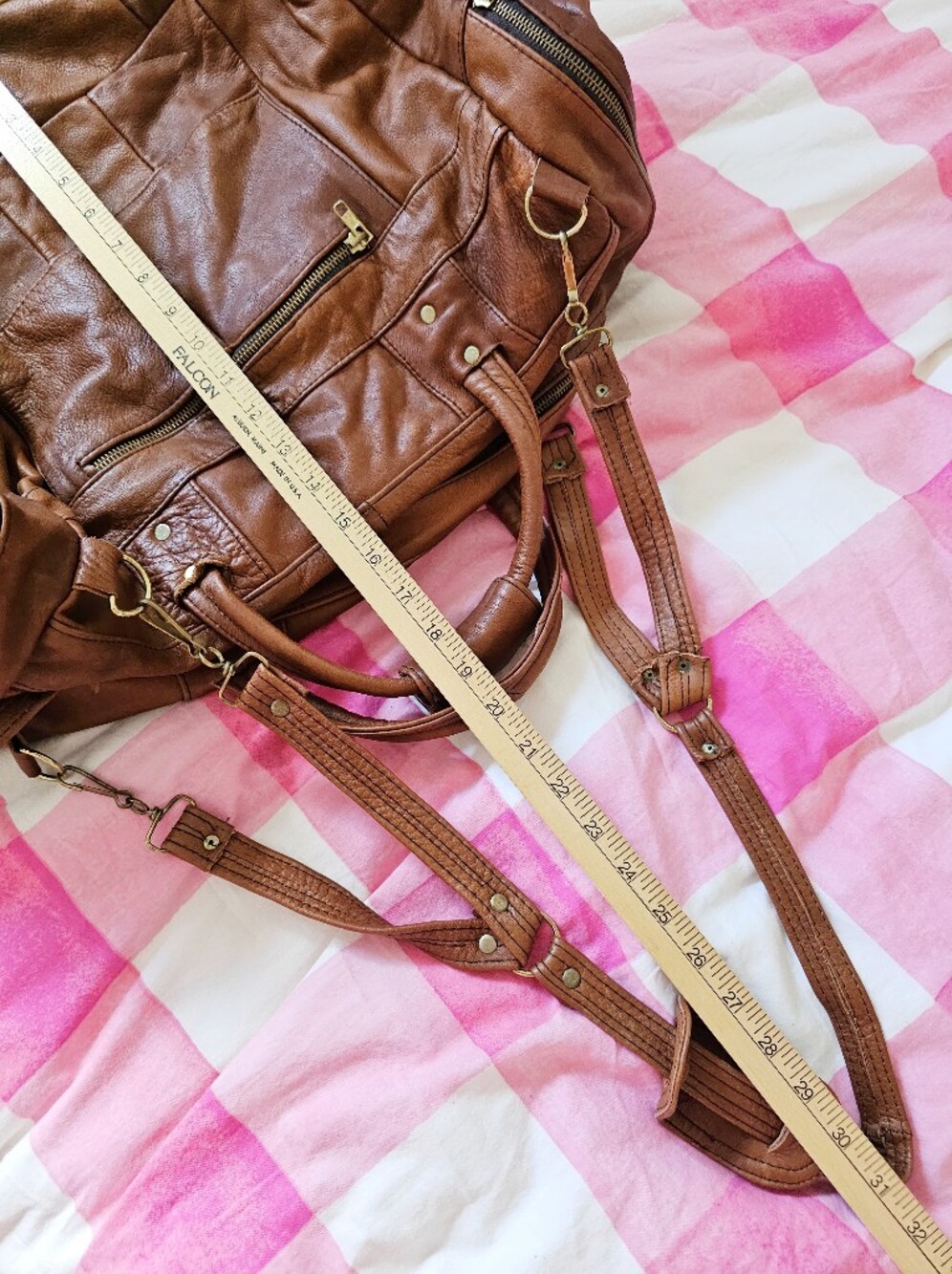 Vintage Genuine Leather Patchwork Weekender Duffel Travel Bag Cognac Brown Large - Picture 14 of 15